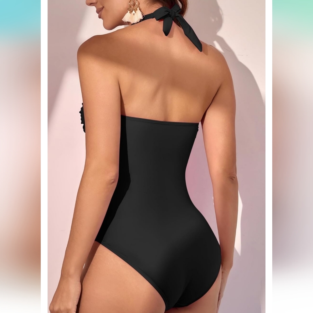 Elegant Black Halter Scallop Trim One-Piece Swimsuit - Picture 2 of 7